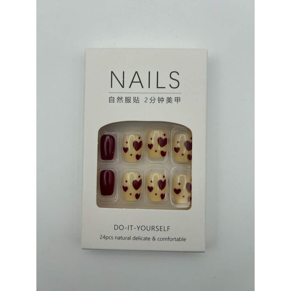 Dark Red Heart Press On Nails Short Square Nude Red Polka Dot 24 pc Nail Set NIB